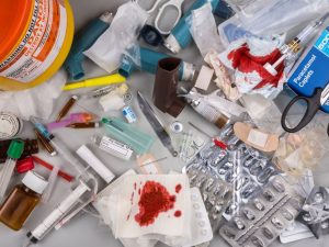 Hazardous medical waste that needs to be carefully disposed of by incineration. Items include clinical waste such as used syringes and needles, used swabs, plasters and bandages. Used drug blister packs and ampules. Biomedical waste is potentially infectious.